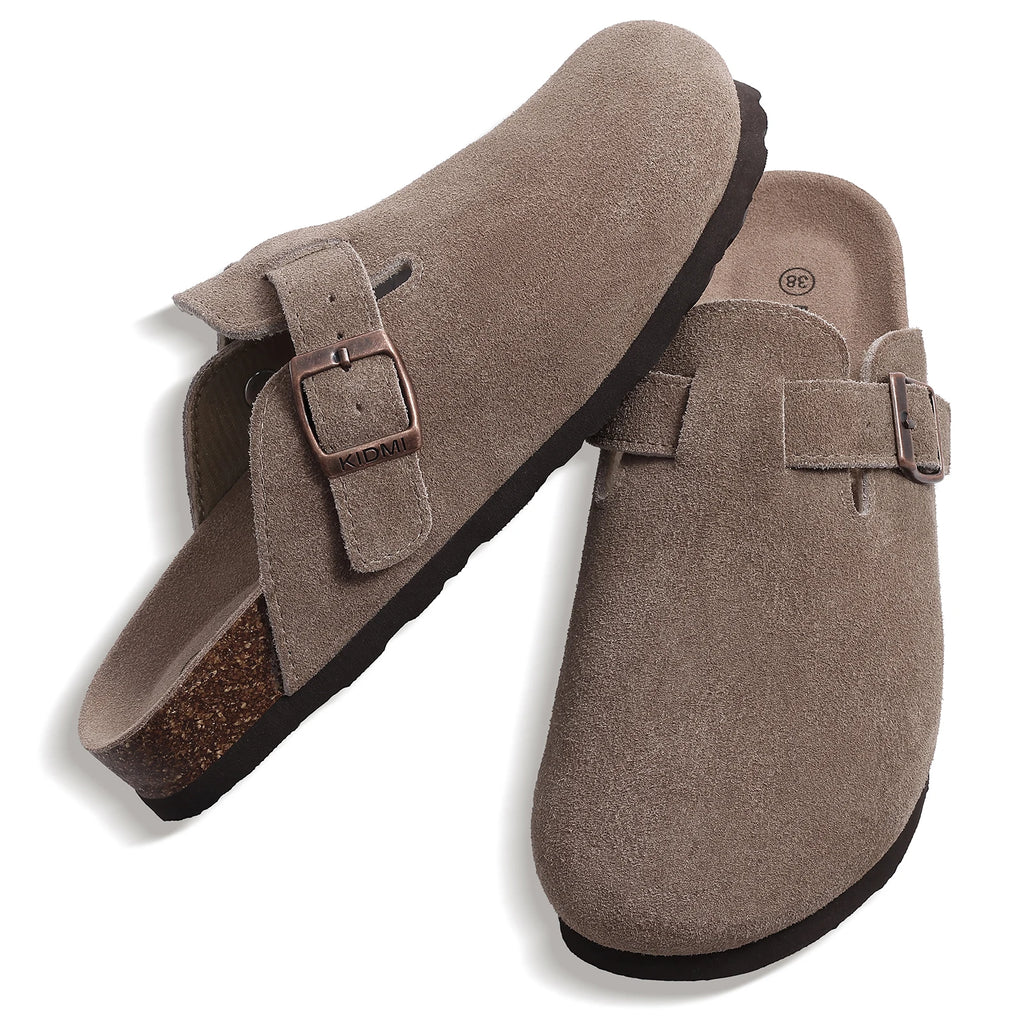 Kidmi New Genuine Suede Clogs for Women Men Clogs Soft Cork Footbed Mules Comfort Potato Shoes with Arch Support Beach Sandals