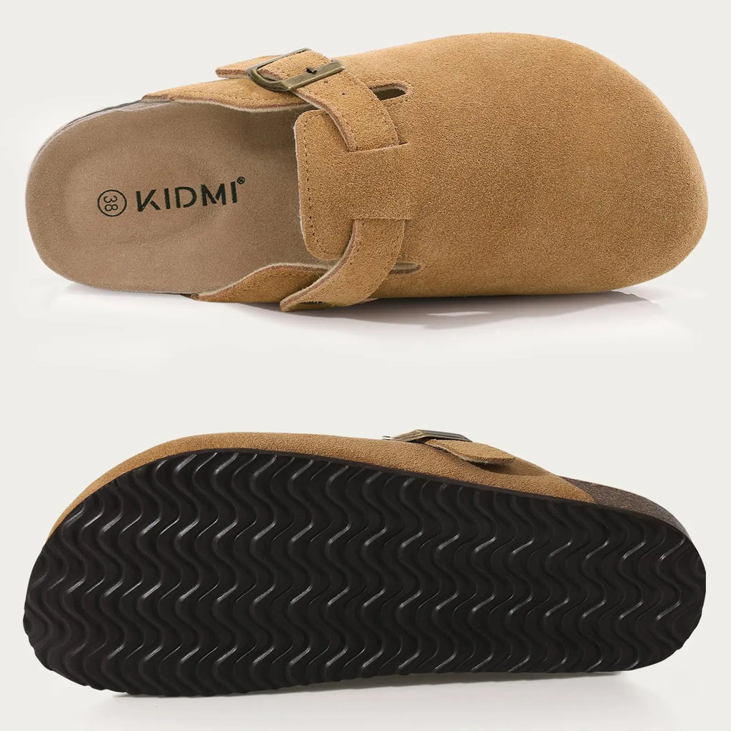 Kidmi New Genuine Suede Clogs for Women Men Clogs Soft Cork Footbed Mules Comfort Potato Shoes with Arch Support Beach Sandals