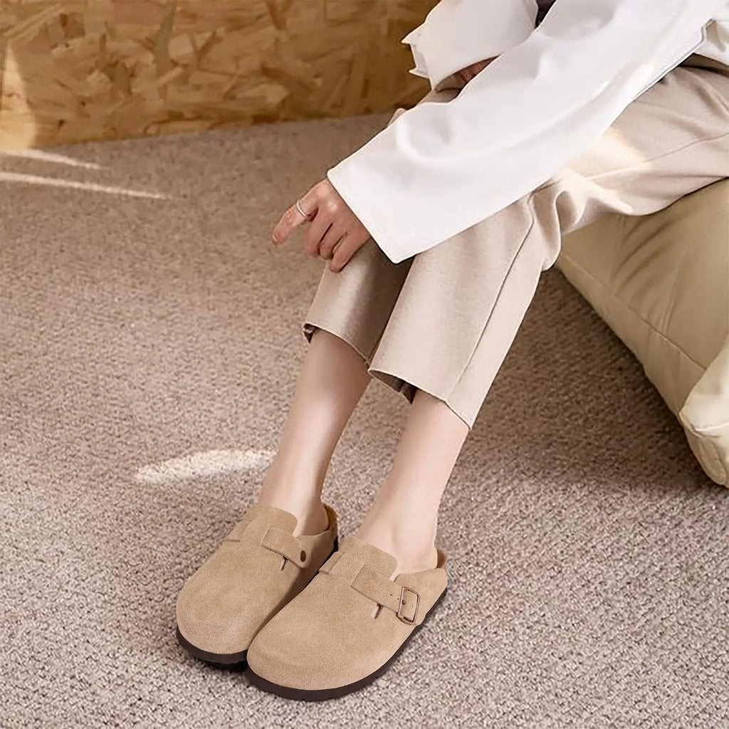 Kidmi New Genuine Suede Clogs for Women Men Clogs Soft Cork Footbed Mules Comfort Potato Shoes with Arch Support Beach Sandals
