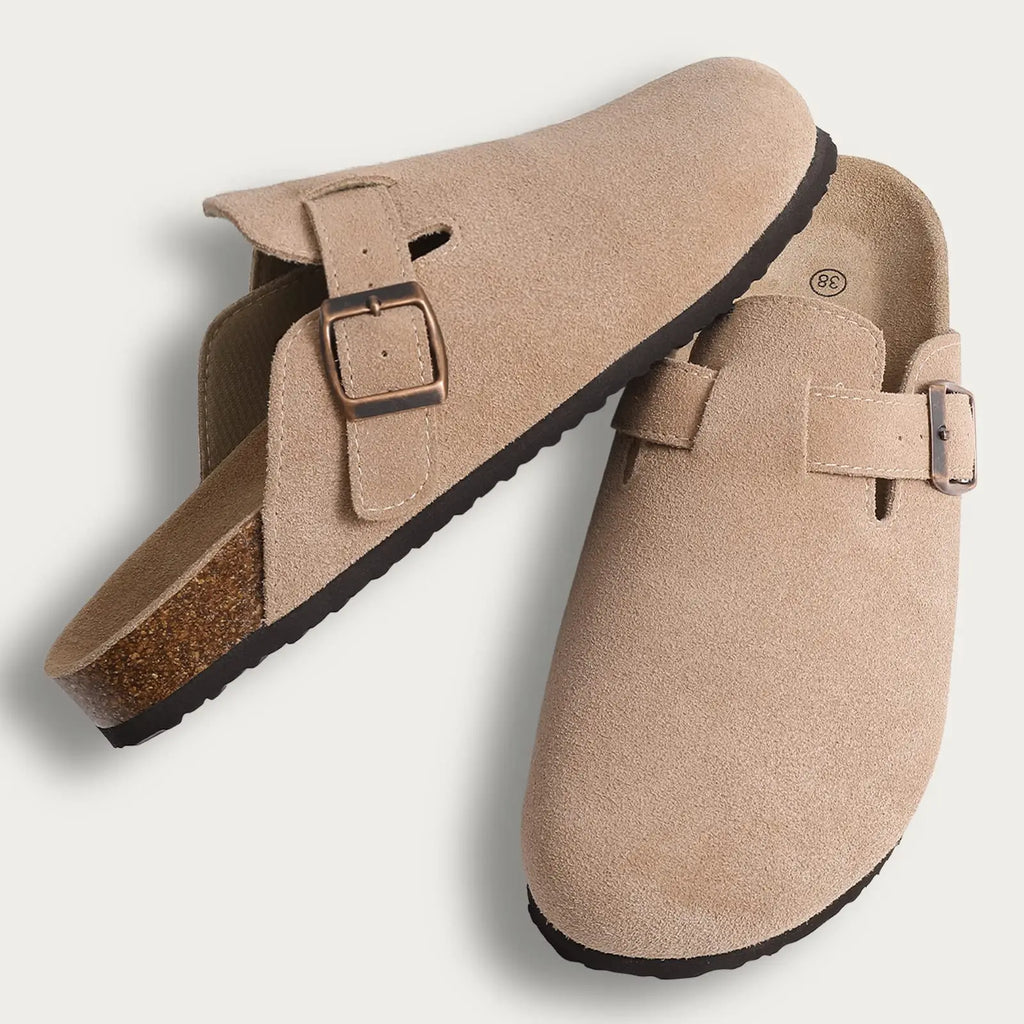 Kidmi New Genuine Suede Clogs for Women Men Clogs Soft Cork Footbed Mules Comfort Potato Shoes with Arch Support Beach Sandals