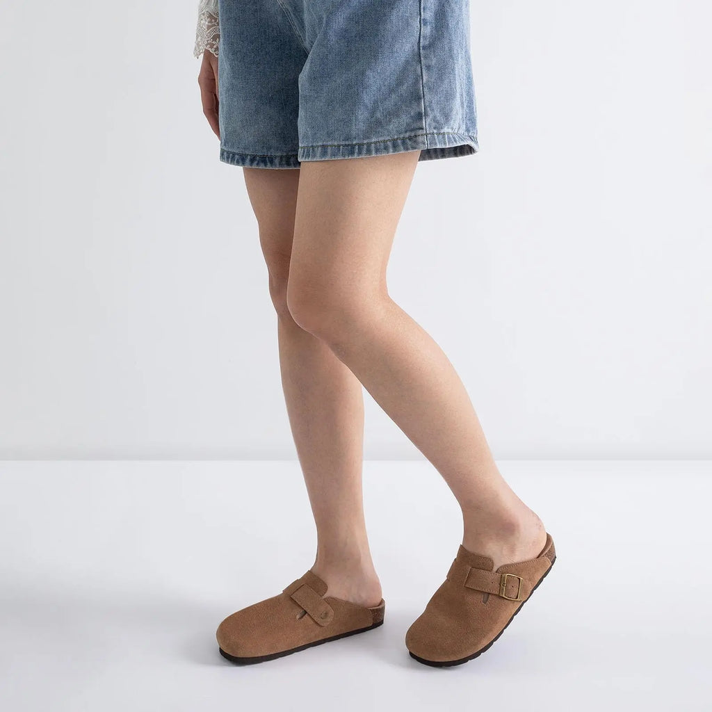 Kidmi New Genuine Suede Clogs for Women Men Clogs Soft Cork Footbed Mules Comfort Potato Shoes with Arch Support Beach Sandals